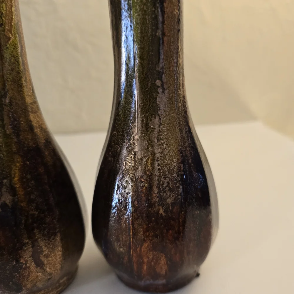 2 HANDCRAFTED Upcycled Glass Vases Brown & Copper HANDPAINTED Tabletop Art Decor